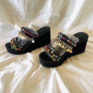 Boho Rhinestone and Beaded Platform Wedge Sandals Size 6